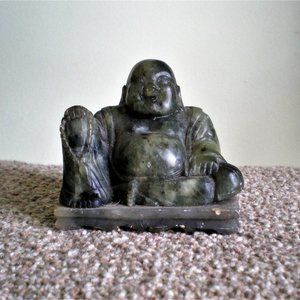 Chinese Asian Carved Soapstone Jade Green Happy Laughing Buddha Figurine Statue